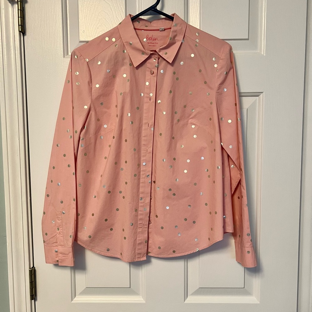 Boden pink button down with gold dots
